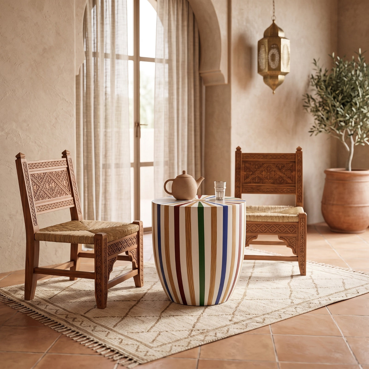 Moroccan Multicolor Resin & Wood Sunburst Side Table | 50 × 40 × 40 cm