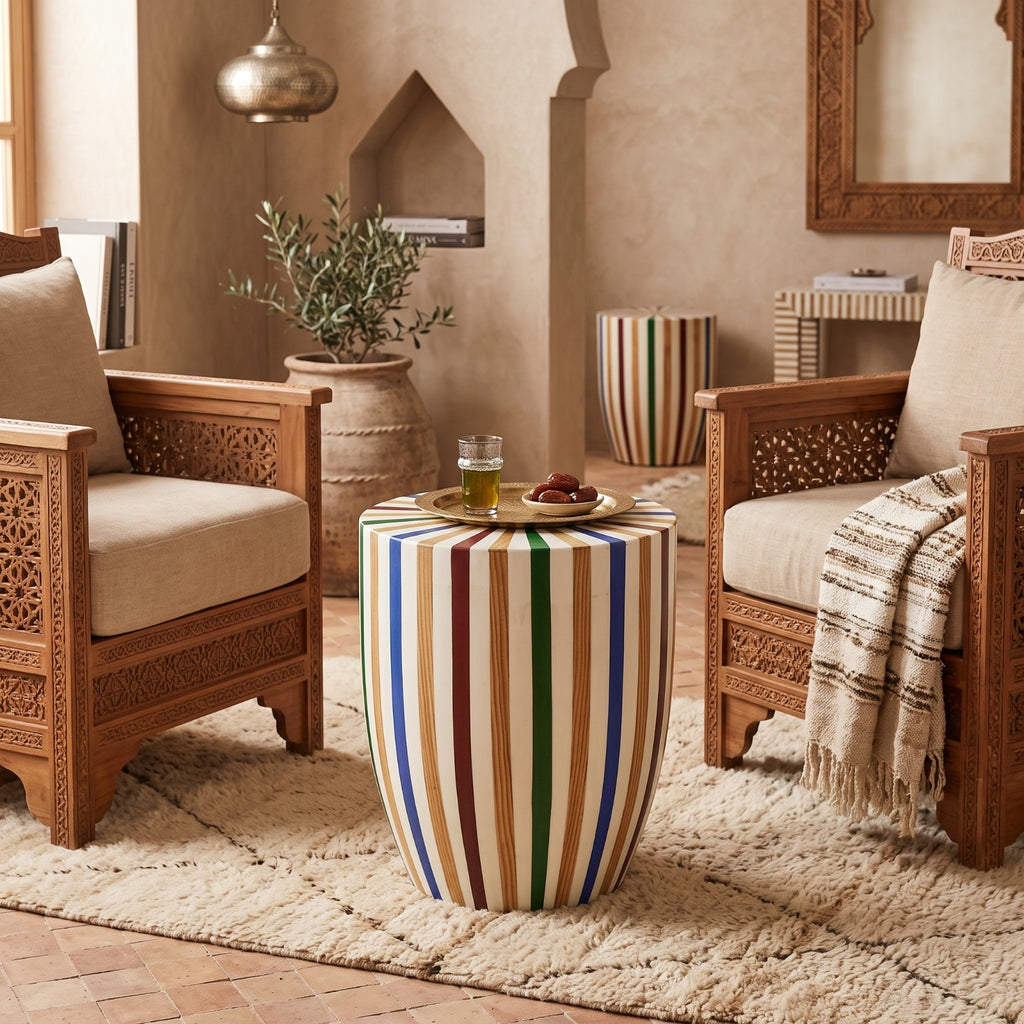 Moroccan Multicolor Resin & Wood Sunburst Side Table | 50 × 40 × 40 cm