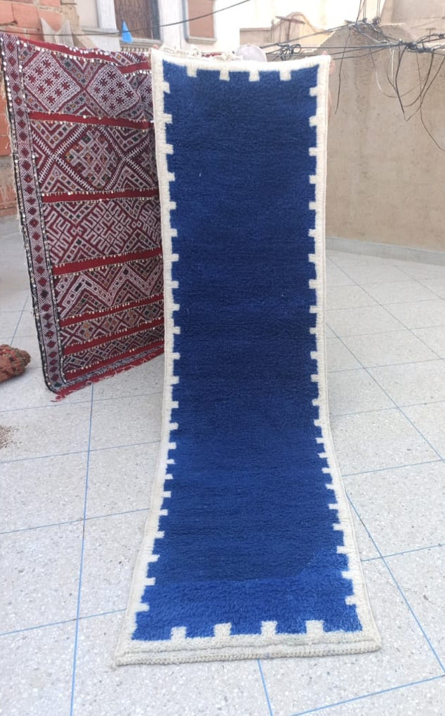 Handcrafted Moroccan Wool Runner Rug, Royal Blue & Cream Berber Hallway Runner 270x70cm / 8.8x2.3ft, Modern Geometric Long Area Rug