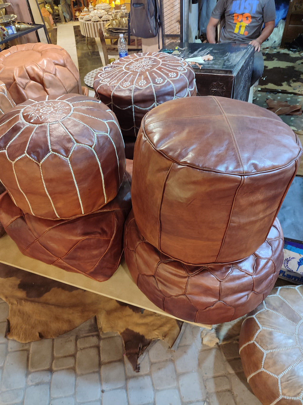 Handmade Embroidered Tan Leather Moroccan Pouf