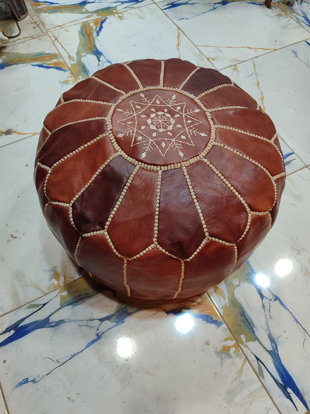 Handmade Black & White Patchwork Moroccan Leather Pouf
