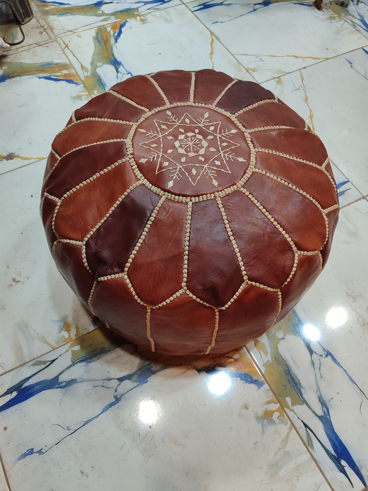 Handmade Black & White Patchwork Moroccan Leather Pouf