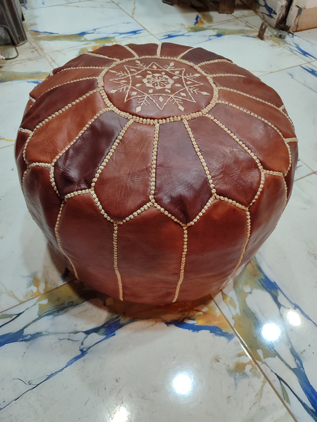 Handmade Black & White Patchwork Moroccan Leather Pouf
