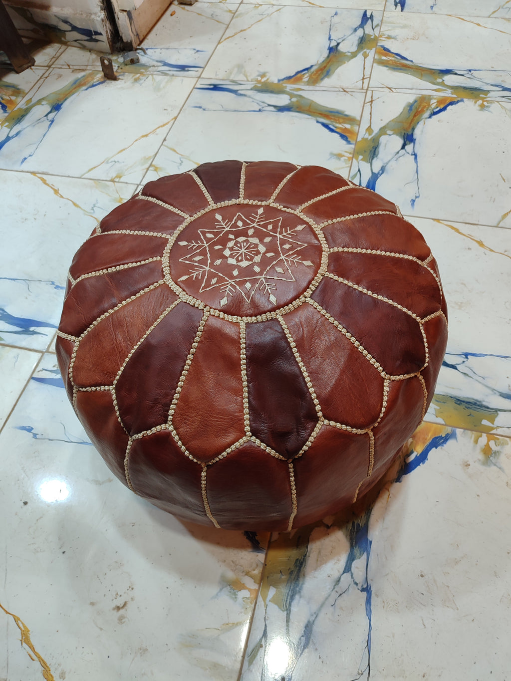 Handmade Black & White Patchwork Moroccan Leather Pouf
