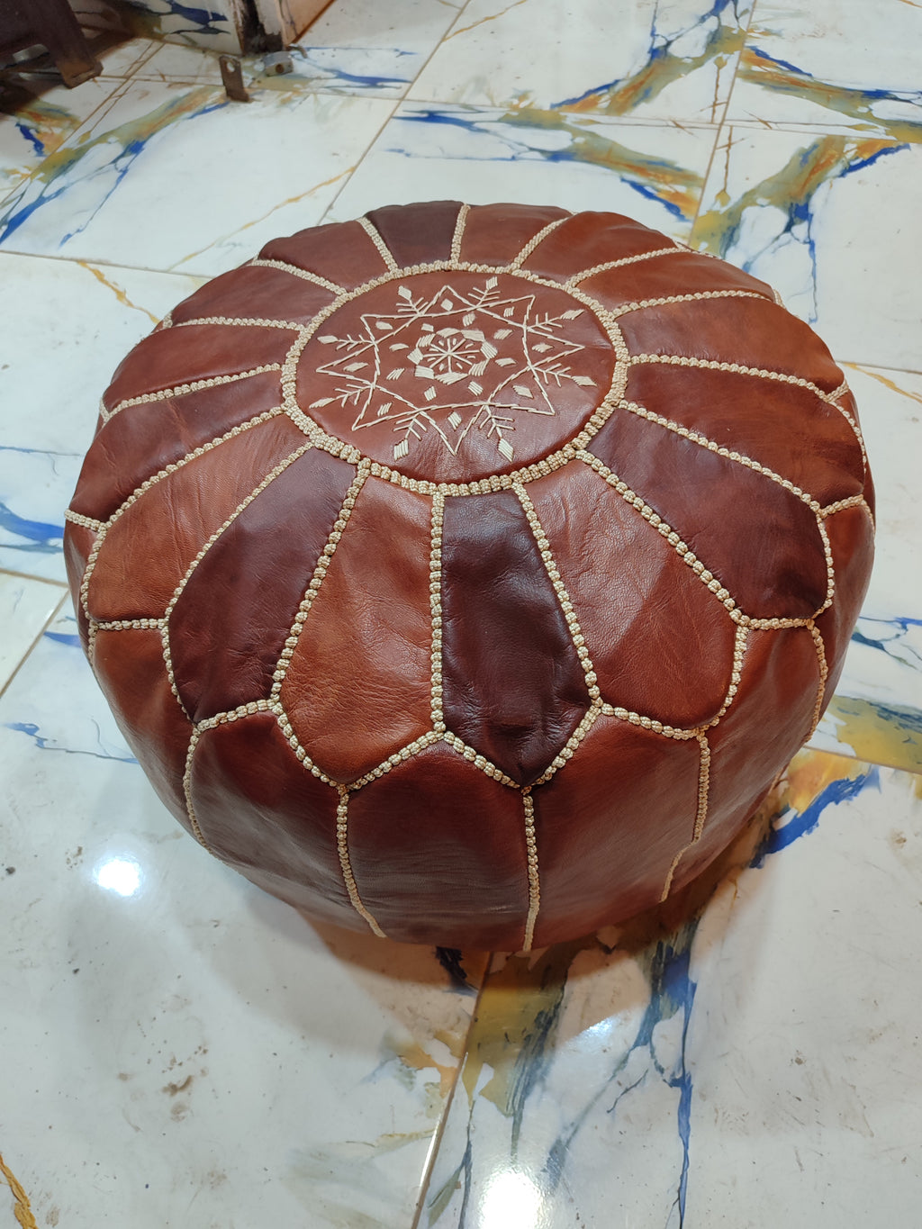 Handmade Black & White Patchwork Moroccan Leather Pouf