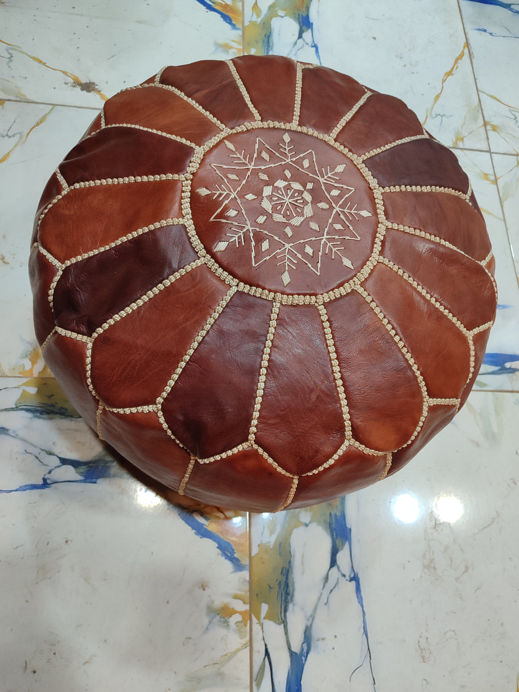 Handmade Black & White Patchwork Moroccan Leather Pouf