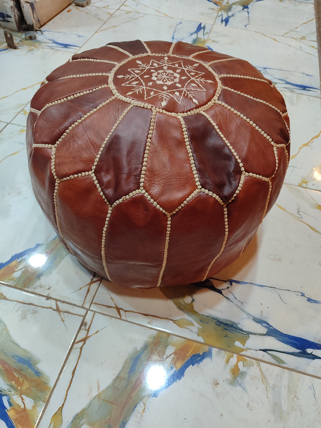 Handmade Black & White Patchwork Moroccan Leather Pouf