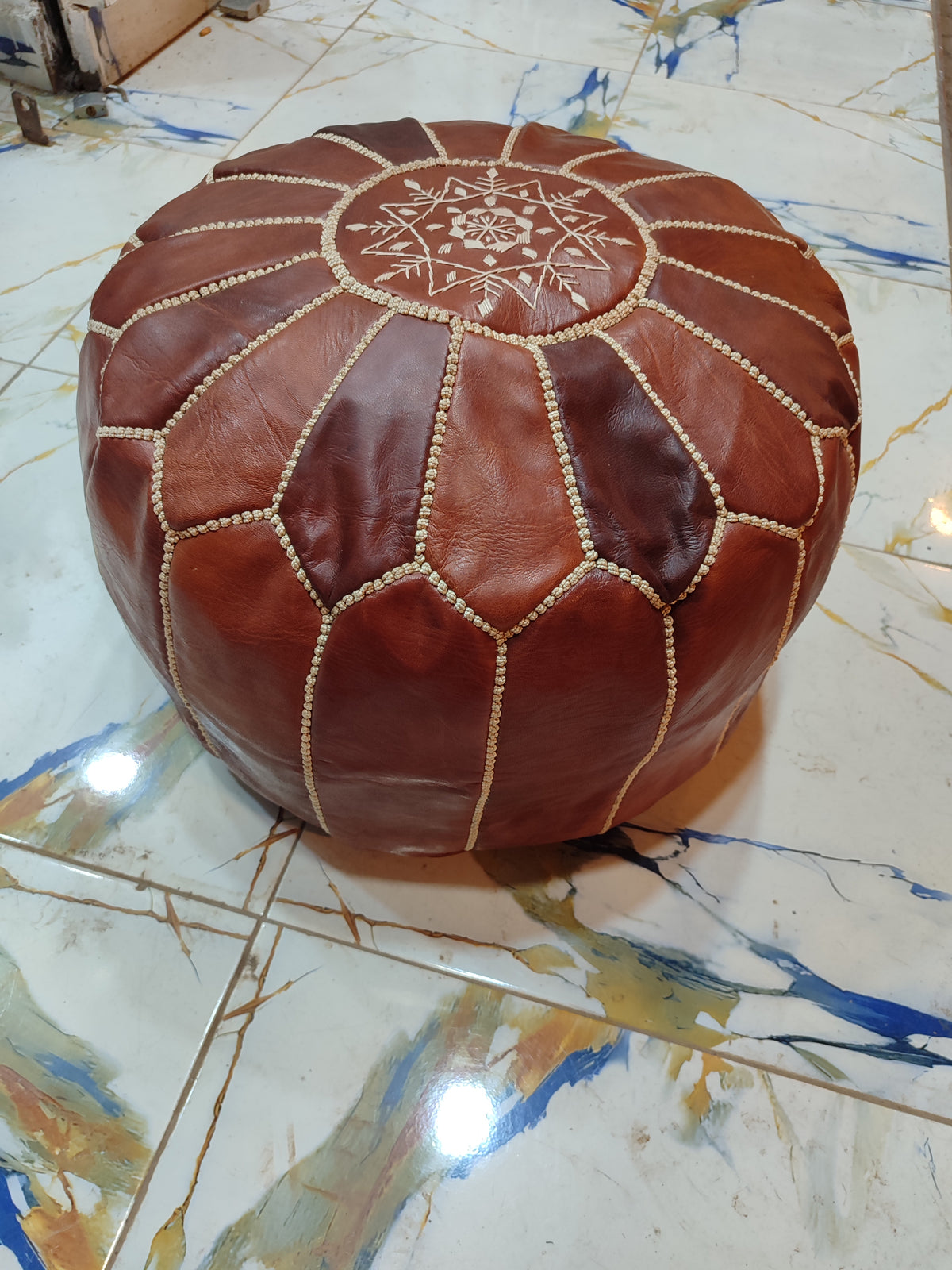 Handmade Black & White Patchwork Moroccan Leather Pouf