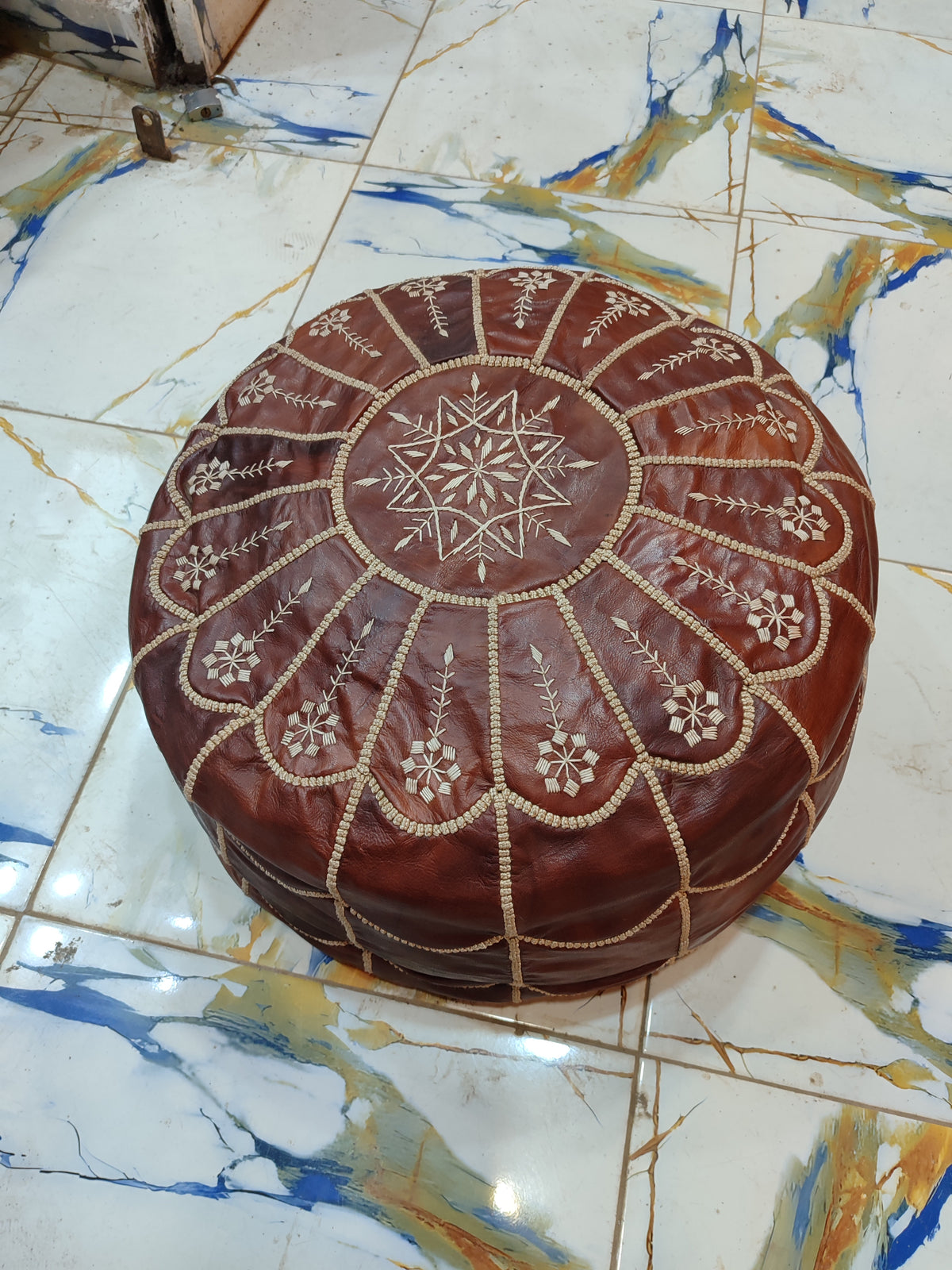 Handmade Burgundy Embroidered Moroccan Leather Pouf