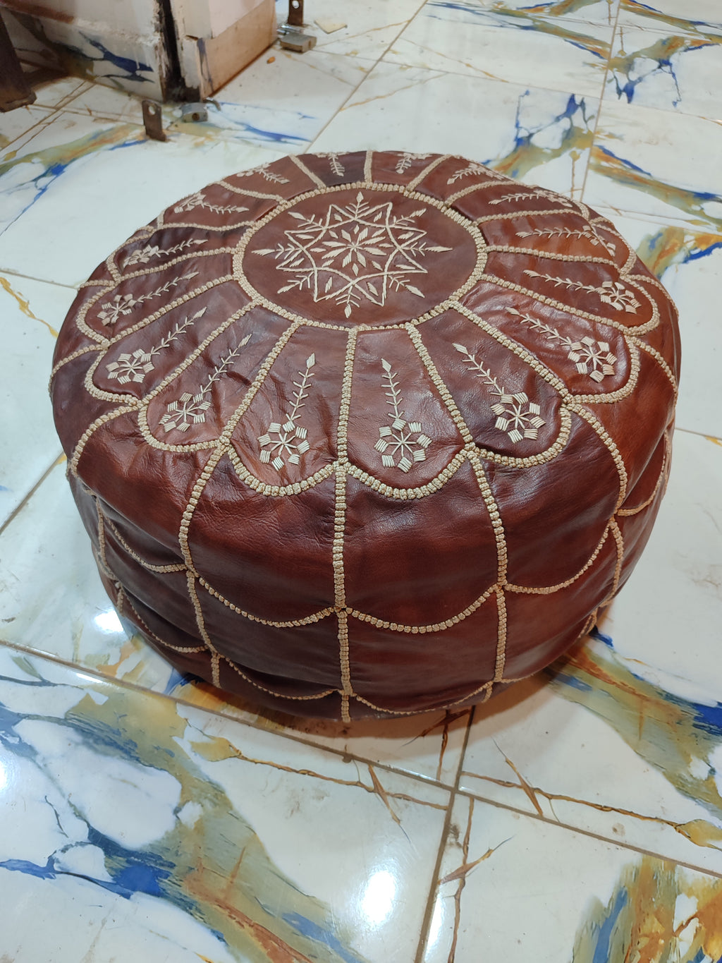 Handmade Burgundy Embroidered Moroccan Leather Pouf