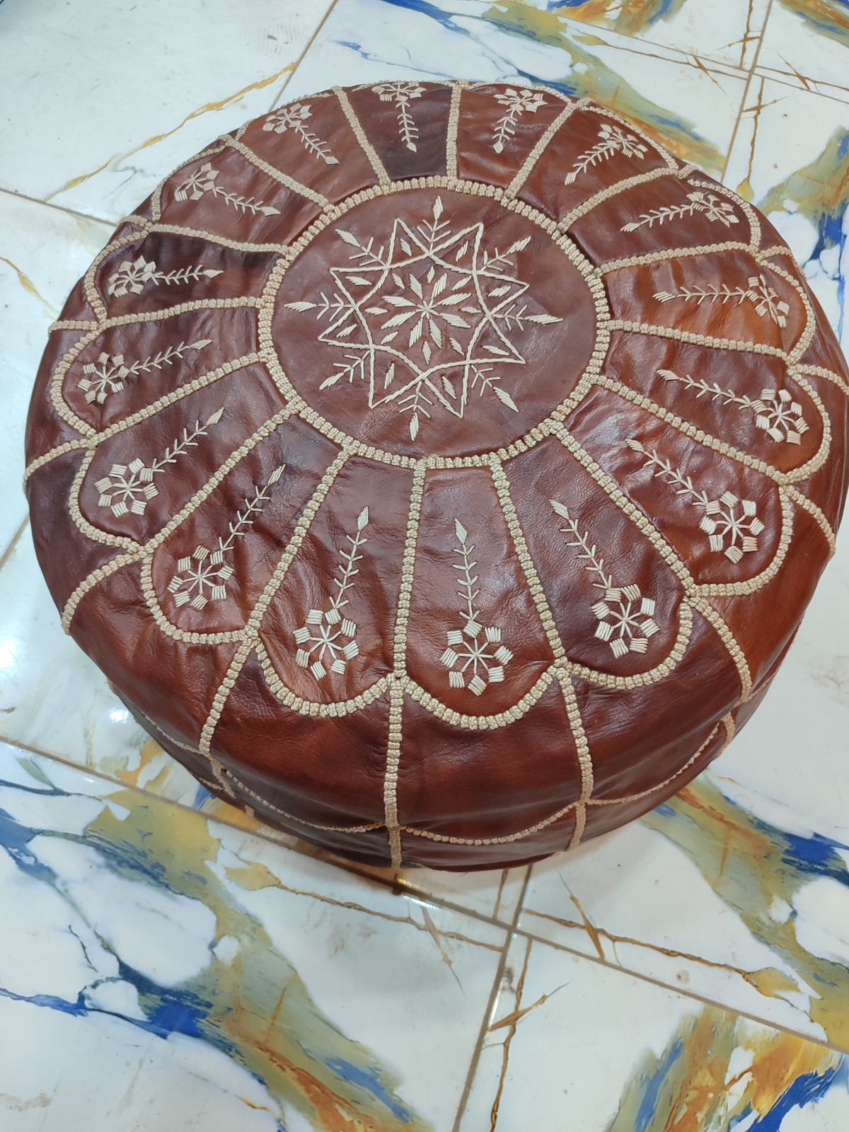 Handmade Burgundy Embroidered Moroccan Leather Pouf