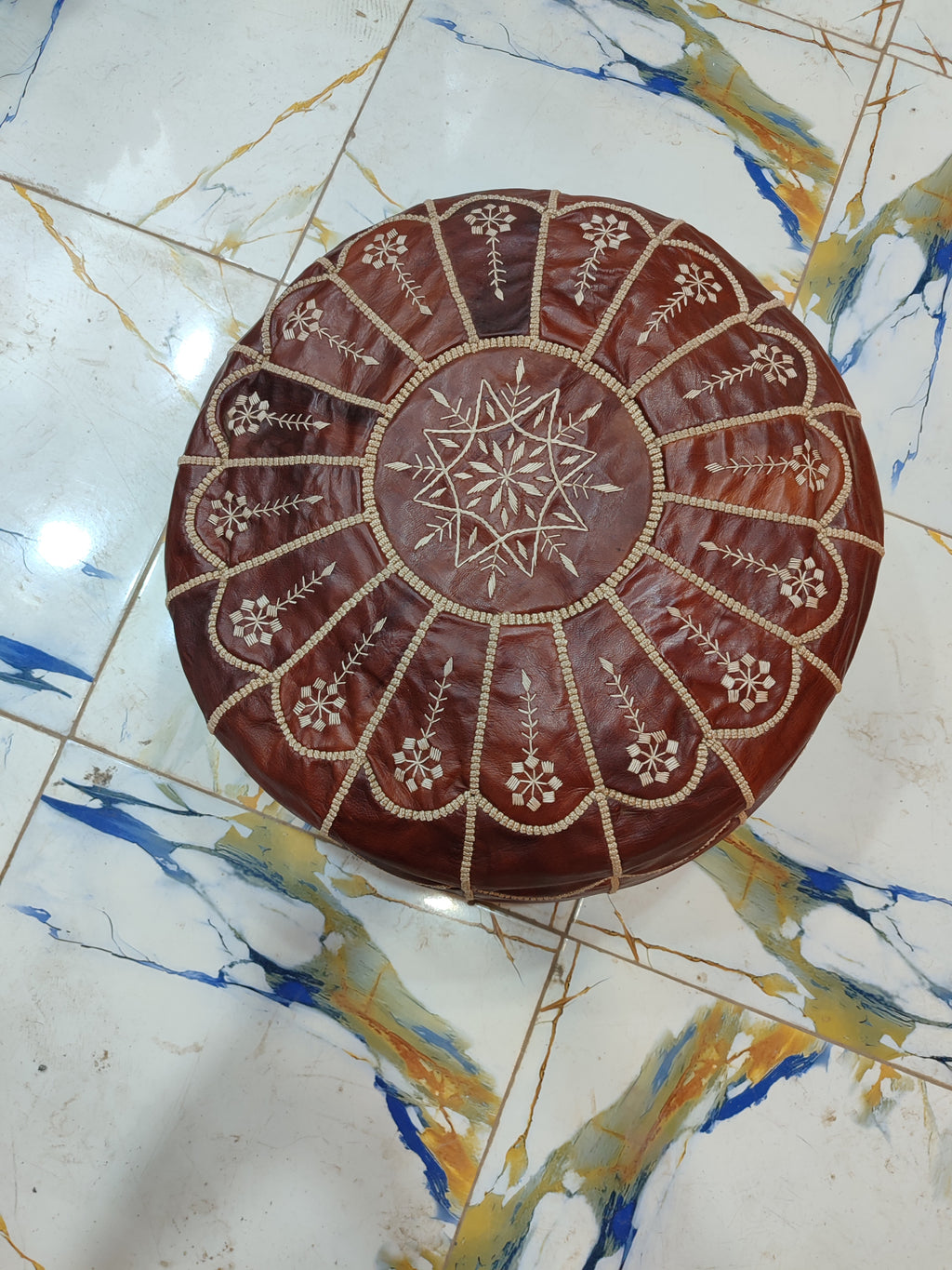 Handmade Burgundy Embroidered Moroccan Leather Pouf