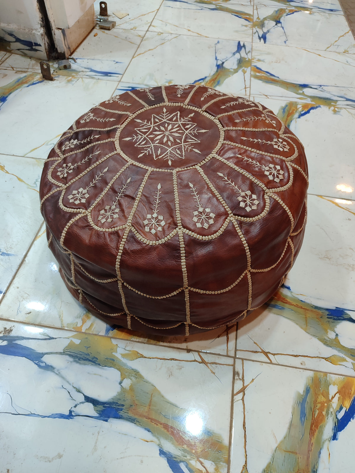 Handmade Burgundy Embroidered Moroccan Leather Pouf