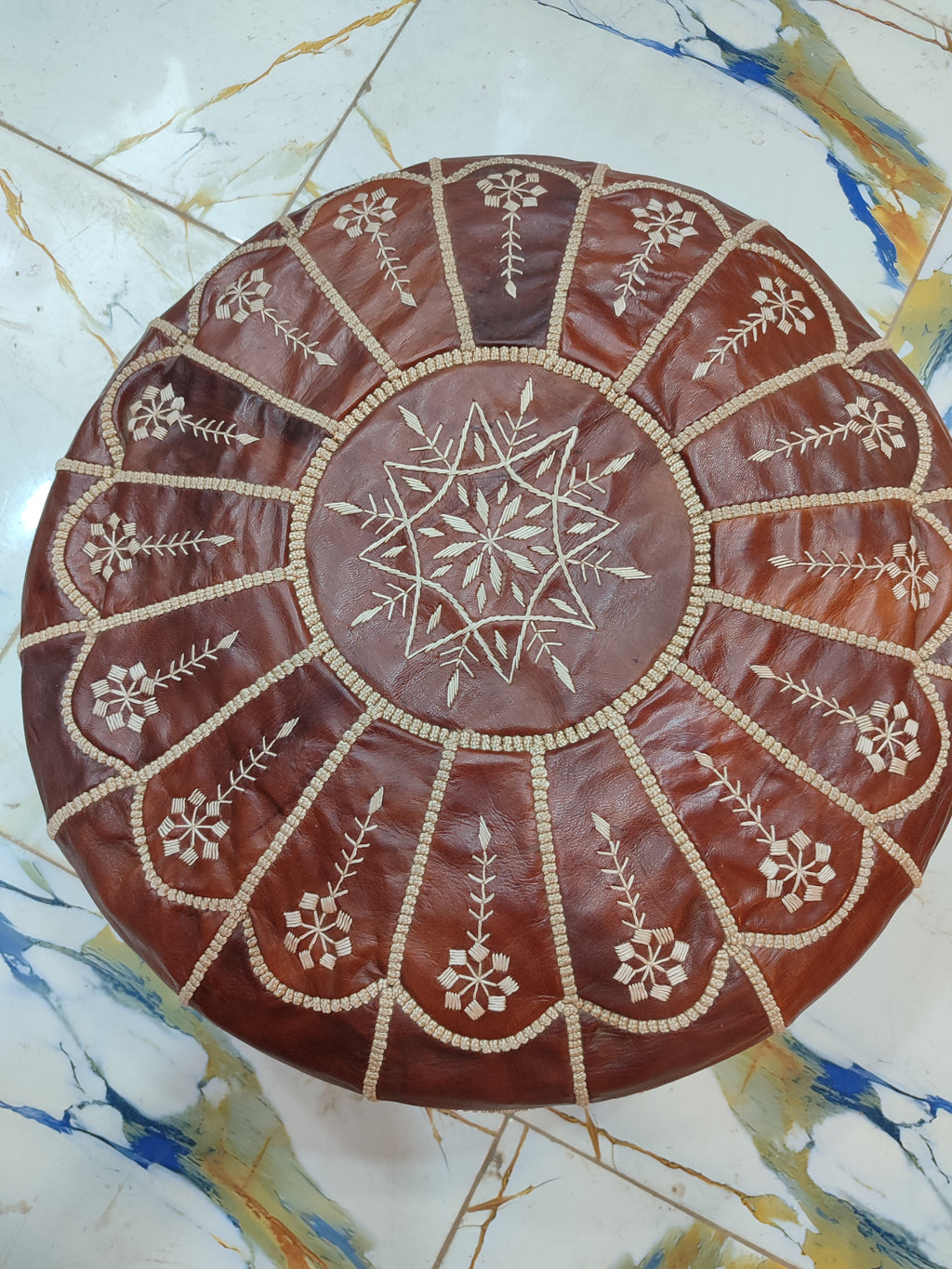 Handmade Burgundy Embroidered Moroccan Leather Pouf