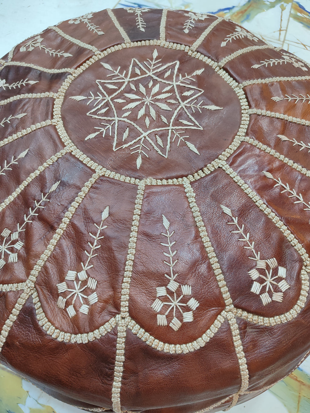 Handmade Burgundy Embroidered Moroccan Leather Pouf