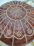 Handmade Burgundy Embroidered Moroccan Leather Pouf