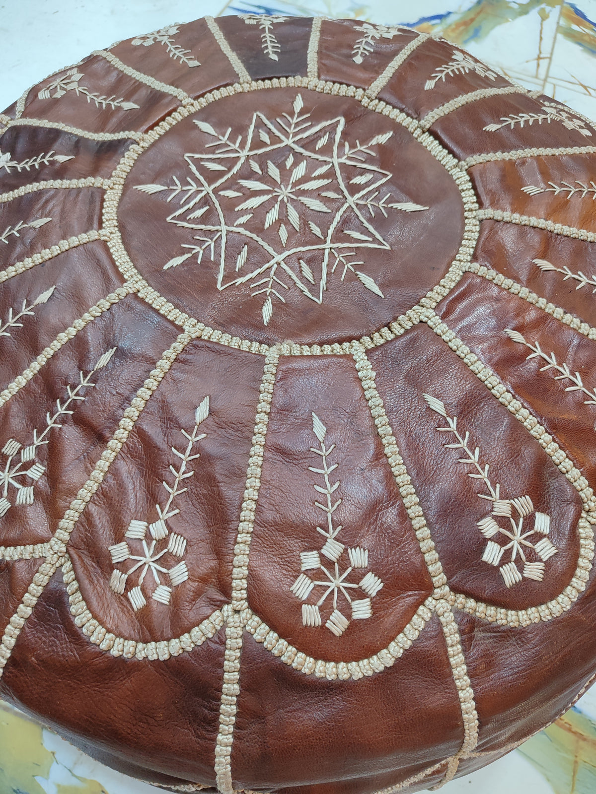 Handmade Burgundy Embroidered Moroccan Leather Pouf