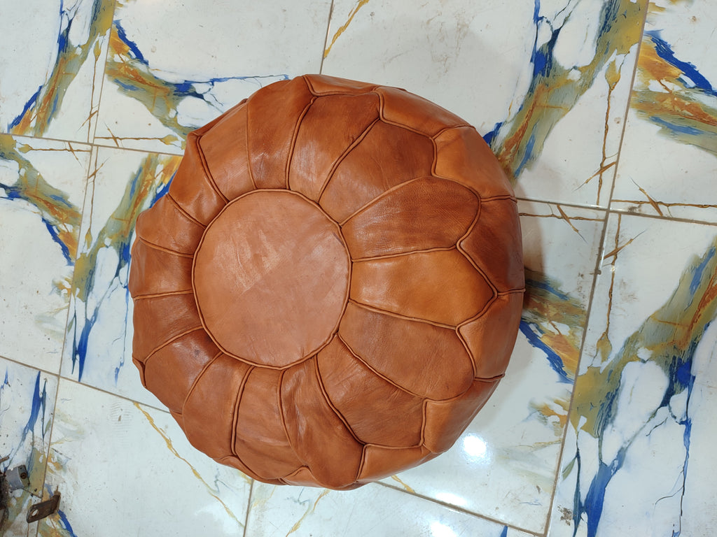 Handmade Embroidered Tan Leather Moroccan Pouf