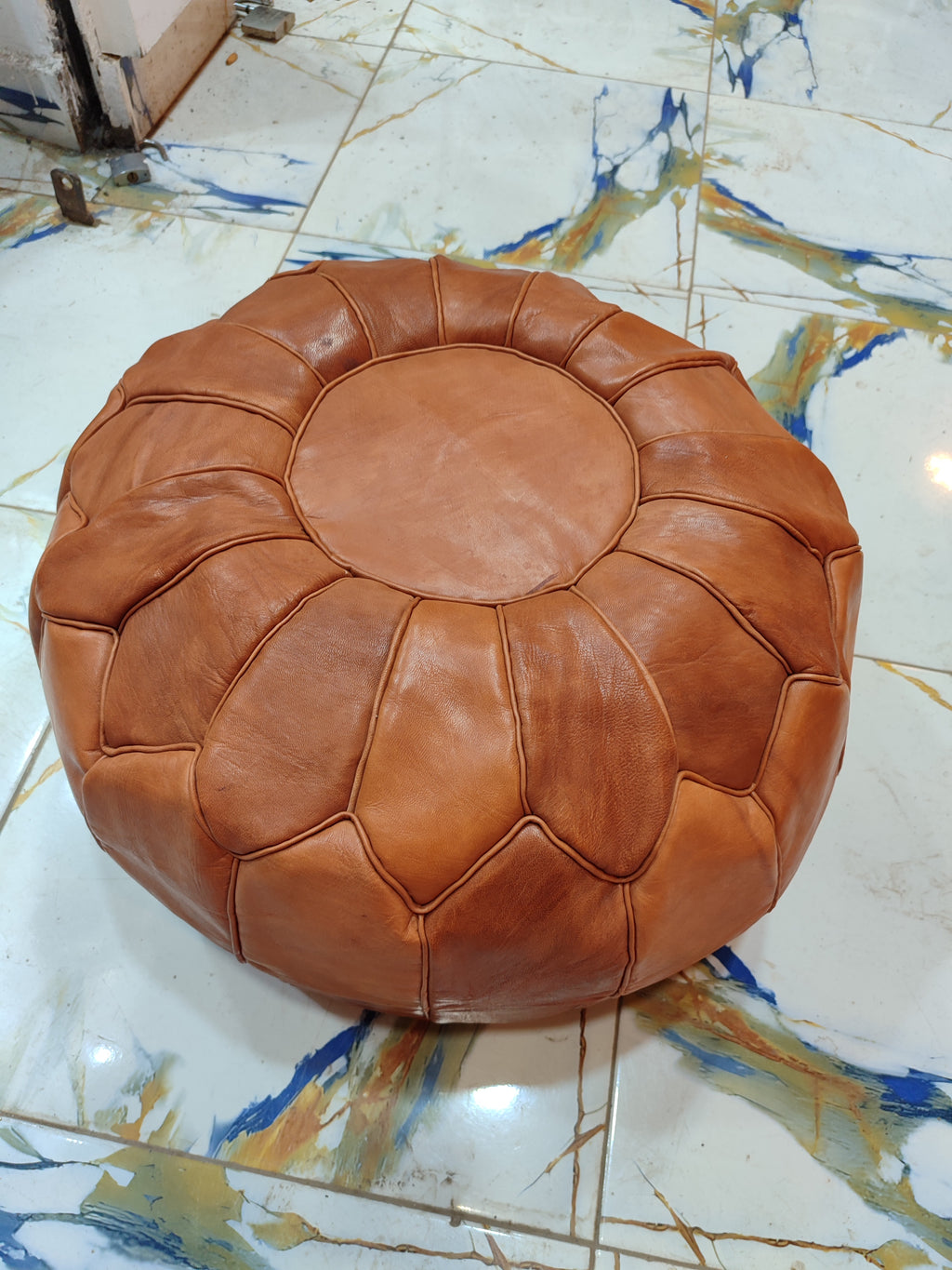 Handmade Embroidered Tan Leather Moroccan Pouf