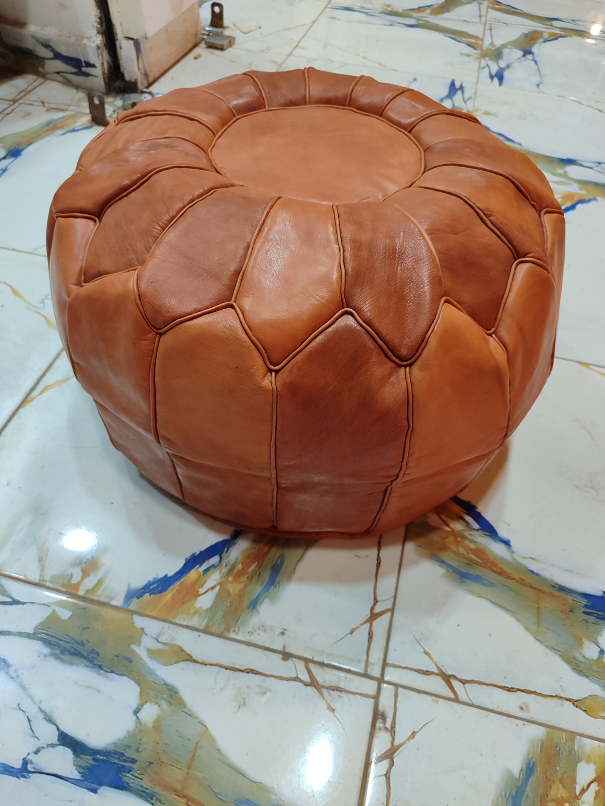 Handmade Embroidered Tan Leather Moroccan Pouf
