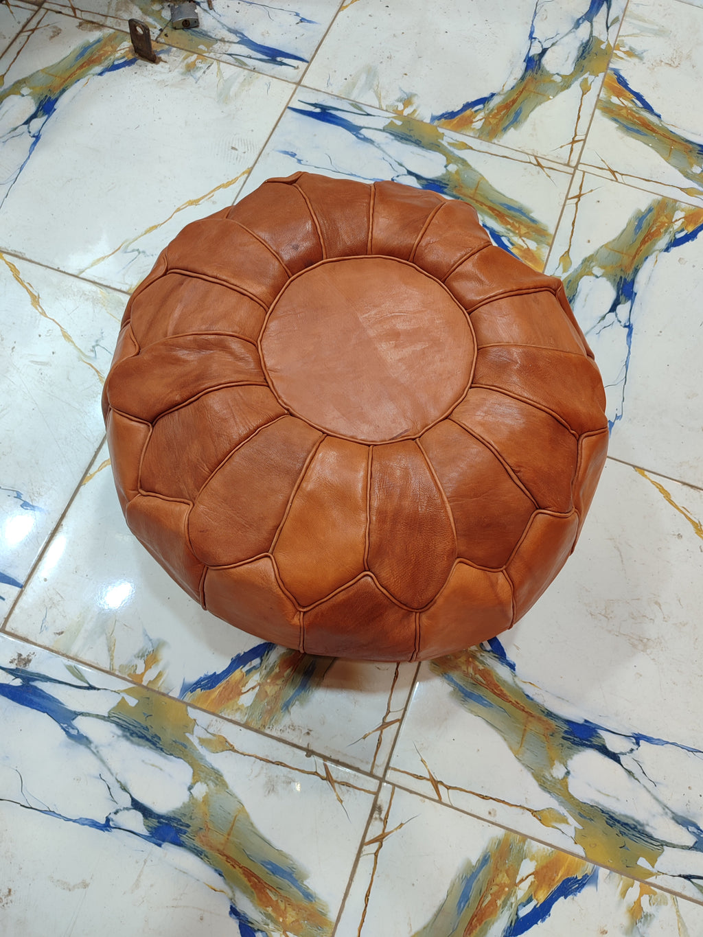 Handmade Embroidered Tan Leather Moroccan Pouf