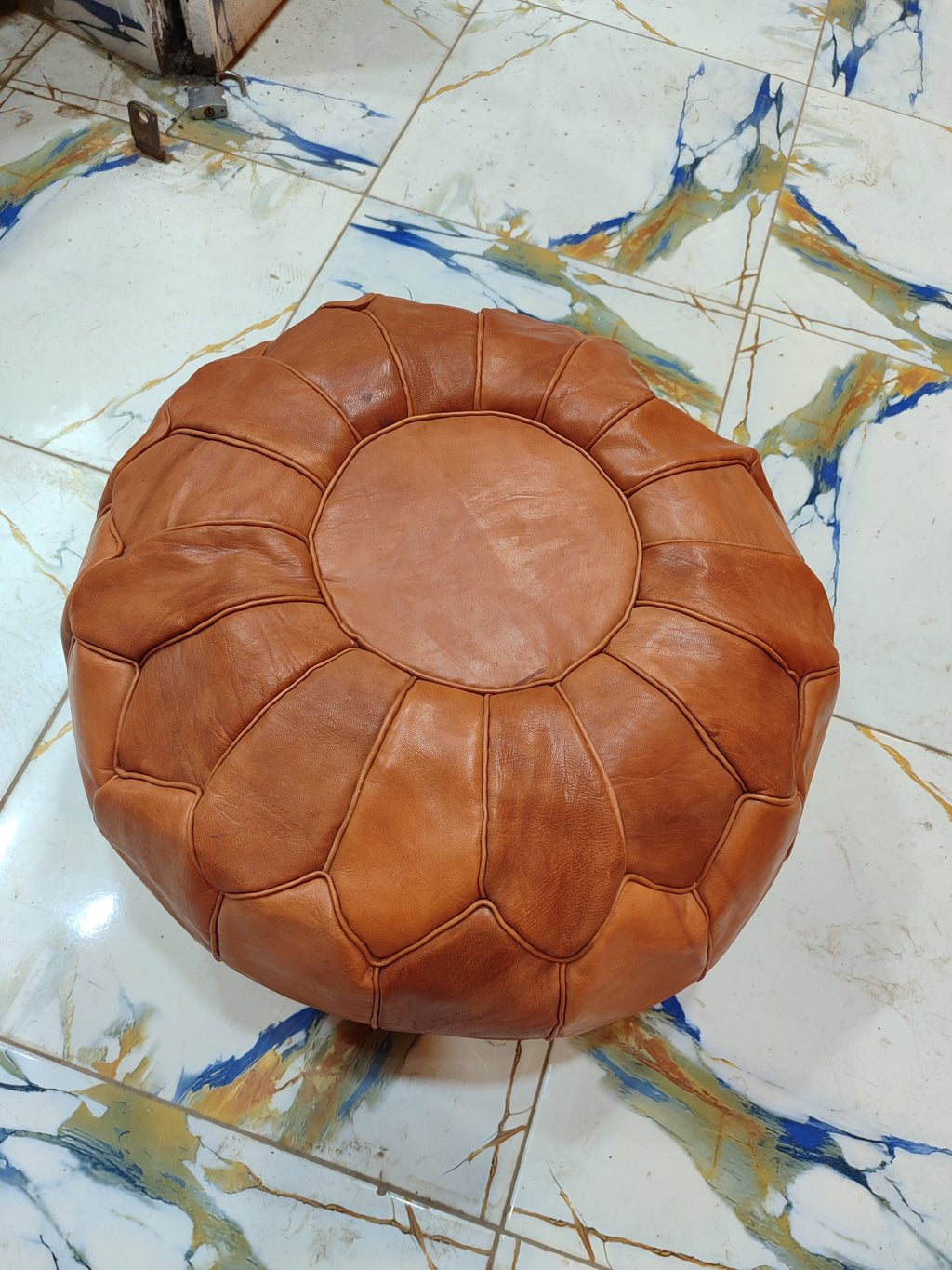 Handmade Embroidered Tan Leather Moroccan Pouf