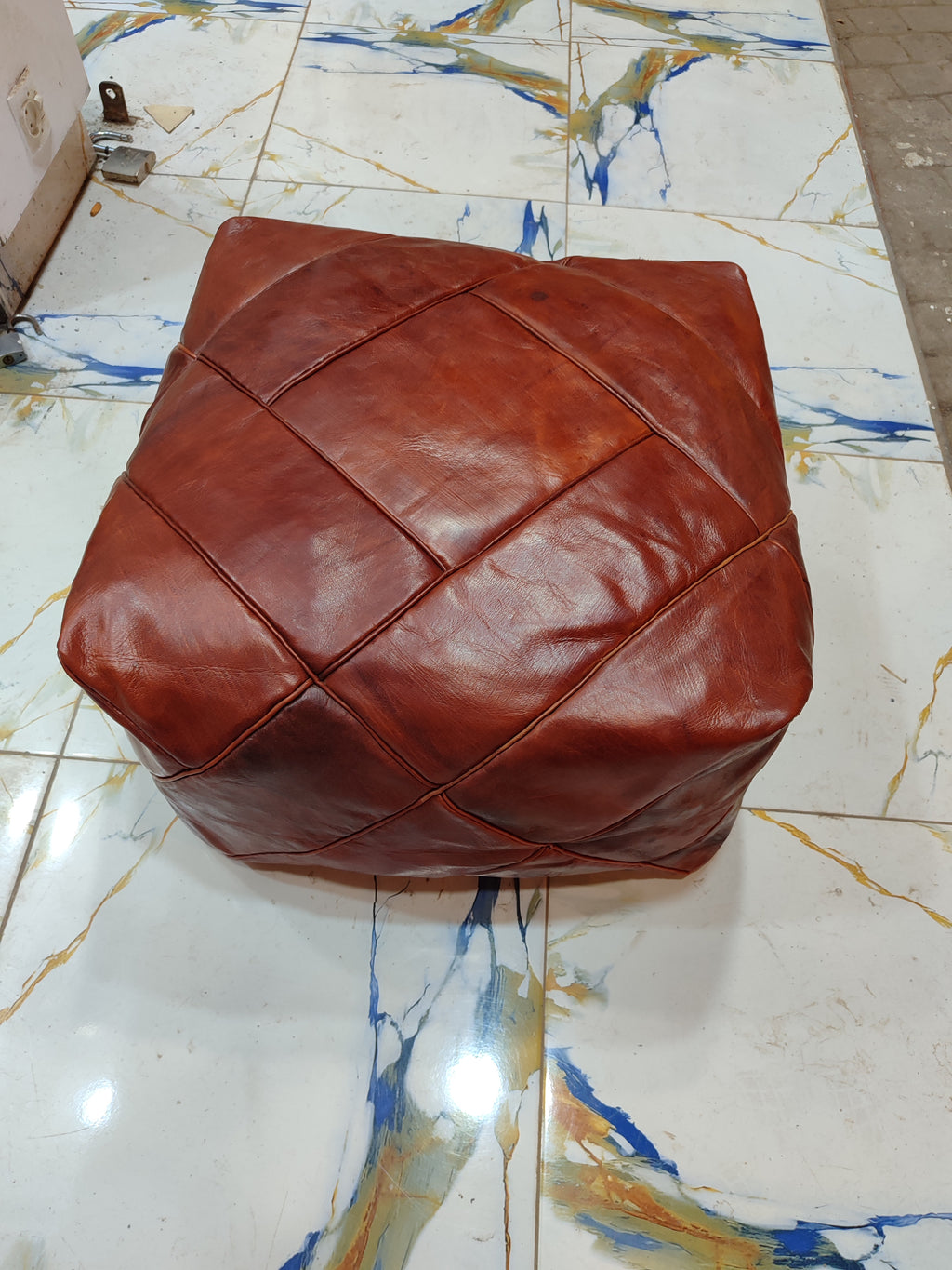 Handmade tan leather pouf ottoman 60 × 60 × 36 cm by Chabichi – image 6