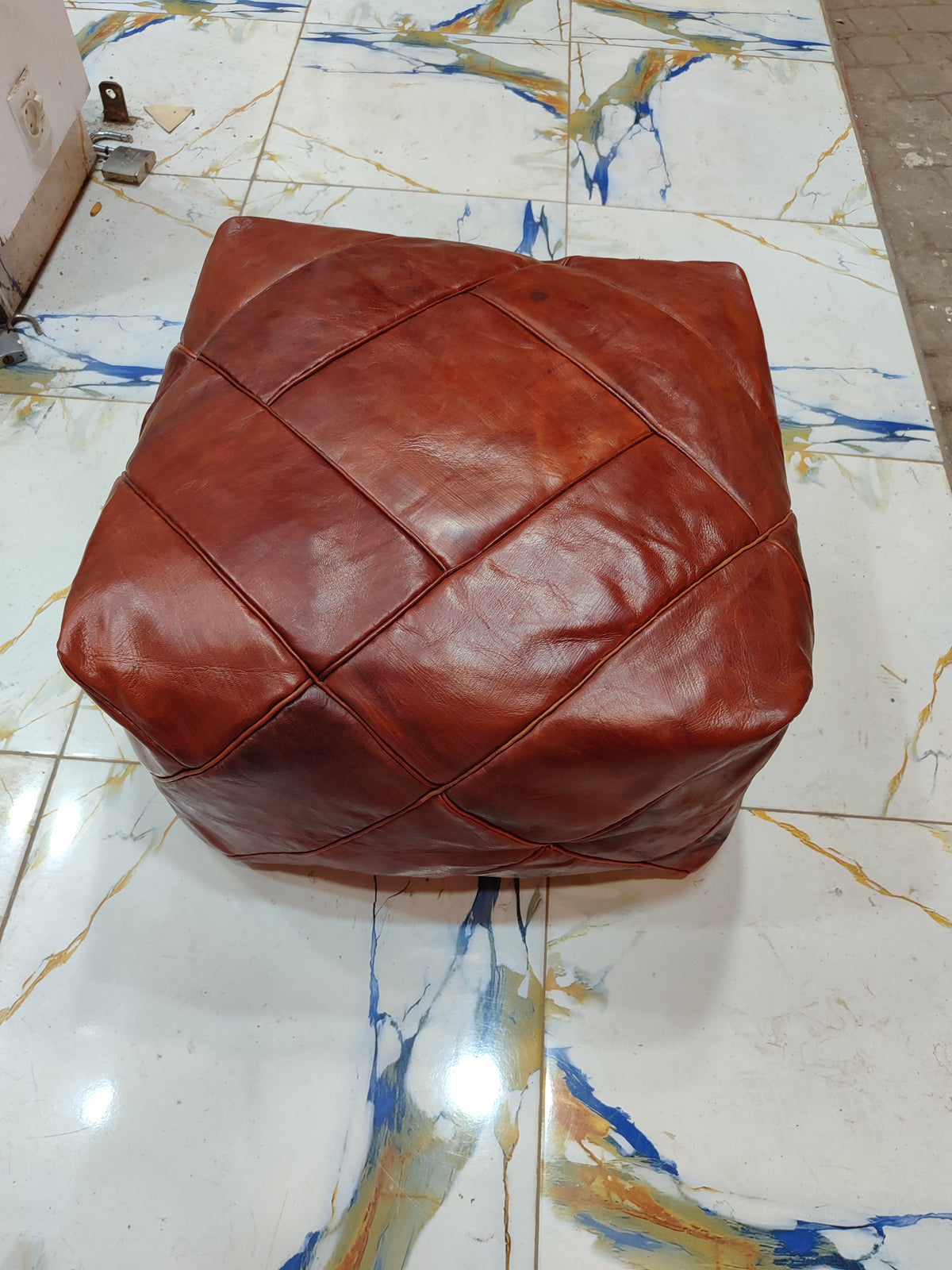Handmade tan leather pouf ottoman 60 × 60 × 36 cm by Chabichi – image 6
