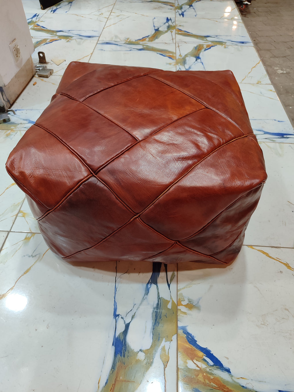 Handmade tan leather pouf ottoman 60 × 60 × 36 cm by Chabichi – image 7