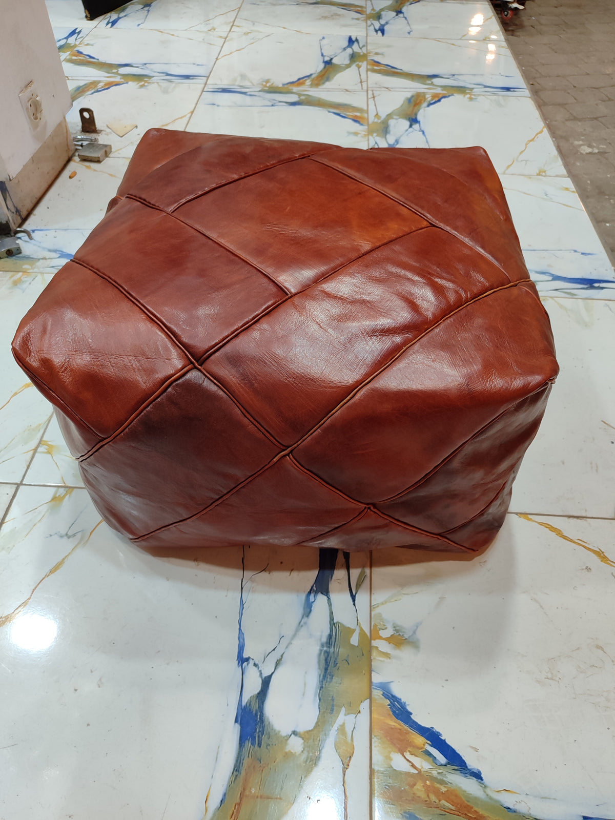 Handmade tan leather pouf ottoman 60 × 60 × 36 cm by Chabichi – image 7