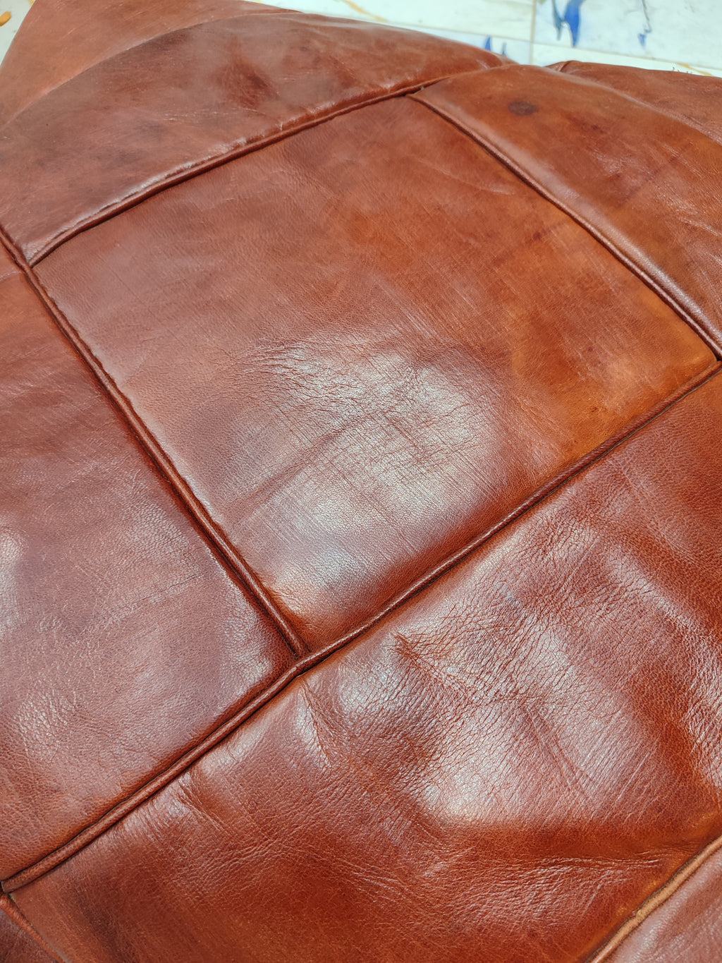 Handmade tan leather pouf ottoman 60 × 60 × 36 cm by Chabichi – image 9