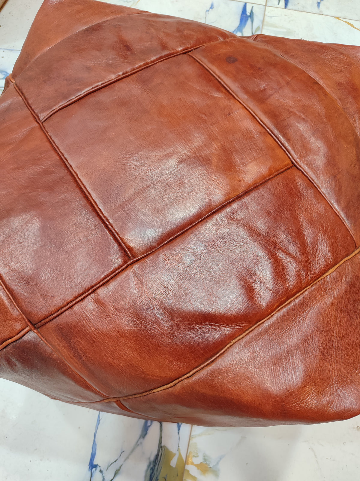Handmade tan leather pouf ottoman 60 × 60 × 36 cm by Chabichi – image 8