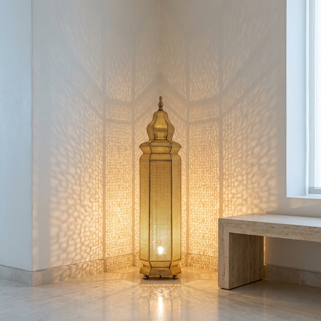 Lampadaire Marocain en Laiton Perforé 60 cm - Lanterne Orientale sur Pied Gold & Bronze, Éclairage Artisanale d'Ambiance