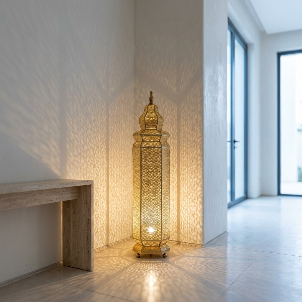 Lampadaire Marocain en Laiton Perforé 60 cm - Lanterne Orientale sur Pied Gold & Bronze, Éclairage Artisanale d'Ambiance