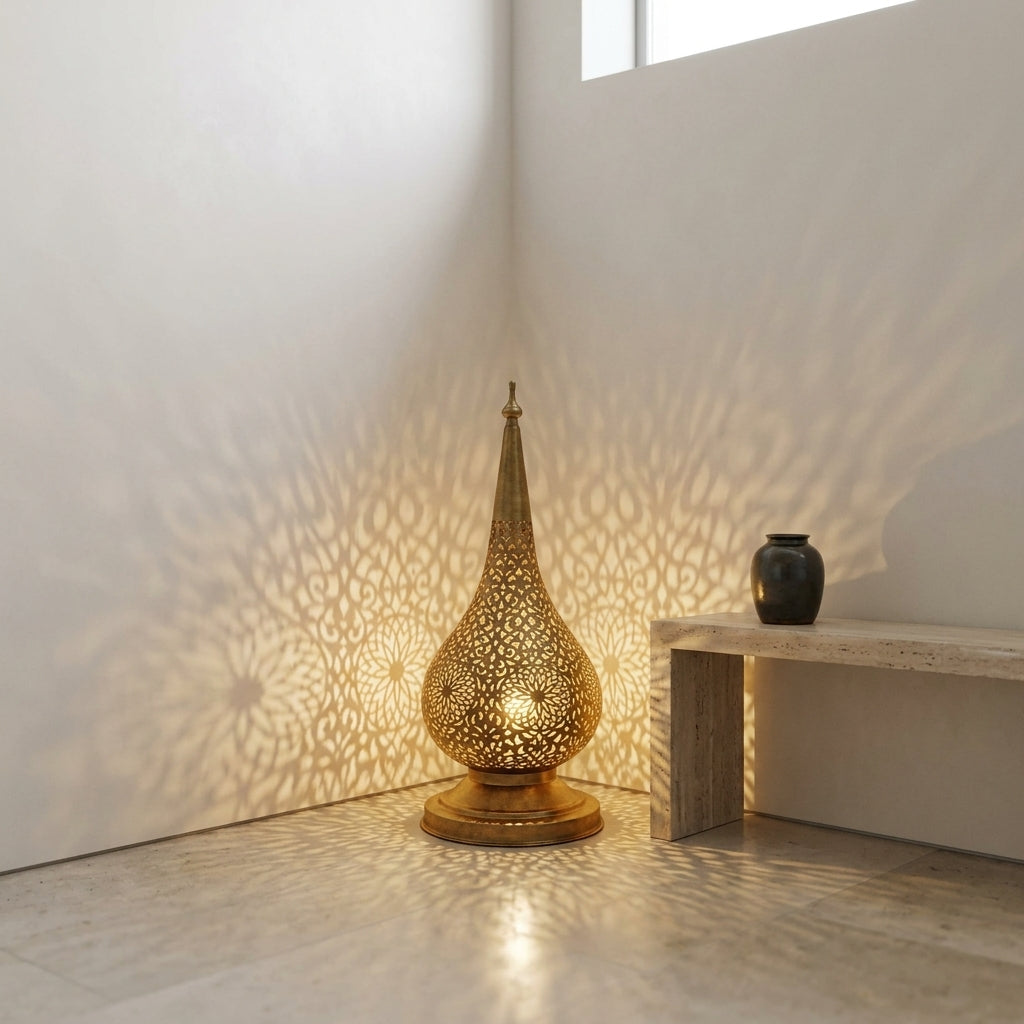 Handmade Moroccan Perforated Brass Lantern 60 cm - Oriental Gold & Bronze Candle Holder, Ambient Lighting
