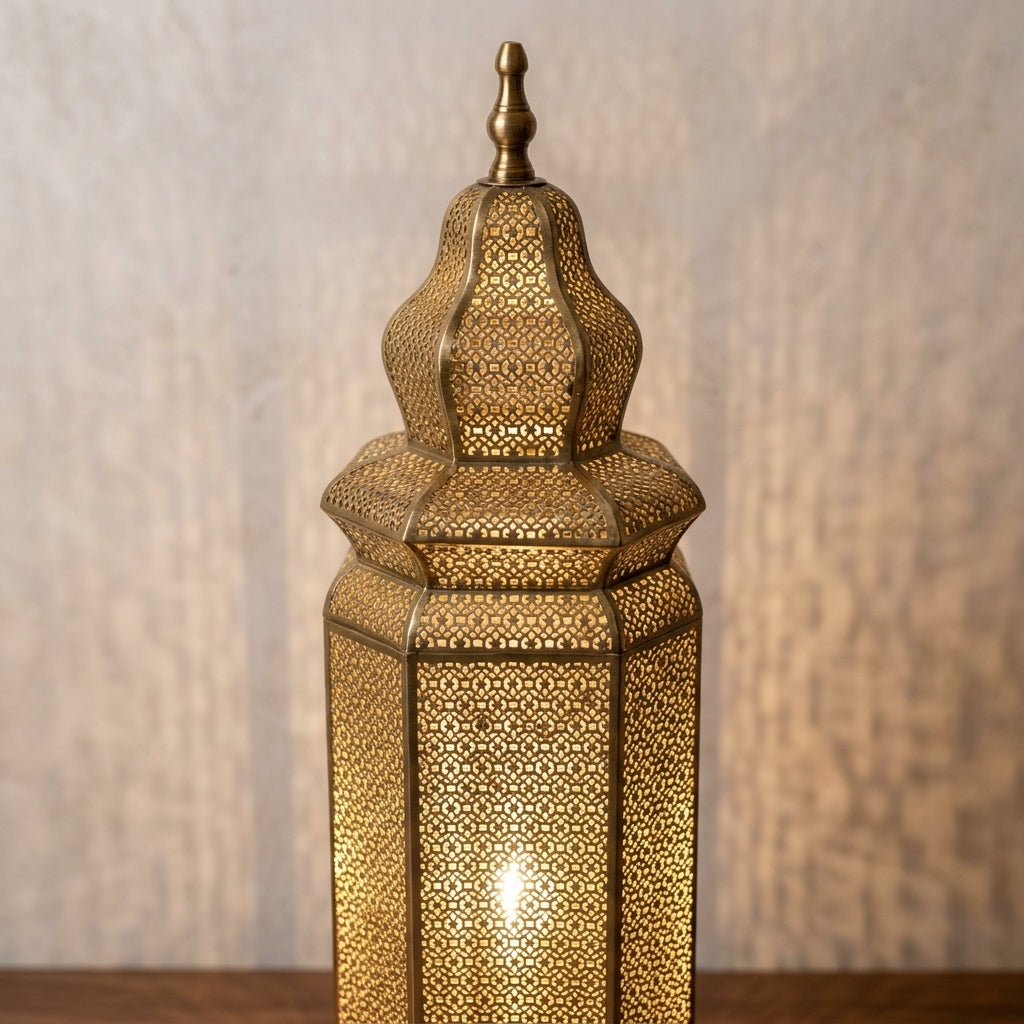 Lampadaire Marocain en Laiton Perforé 60 cm - Lanterne Orientale sur Pied Gold & Bronze, Éclairage Artisanale d'Ambiance
