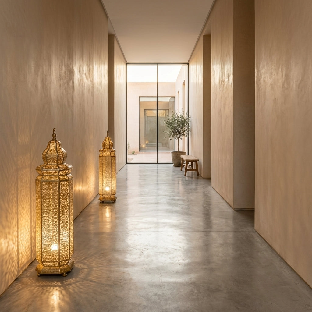 Lampadaire Marocain en Laiton Perforé 60 cm - Lanterne Orientale sur Pied Gold & Bronze, Éclairage Artisanale d'Ambiance