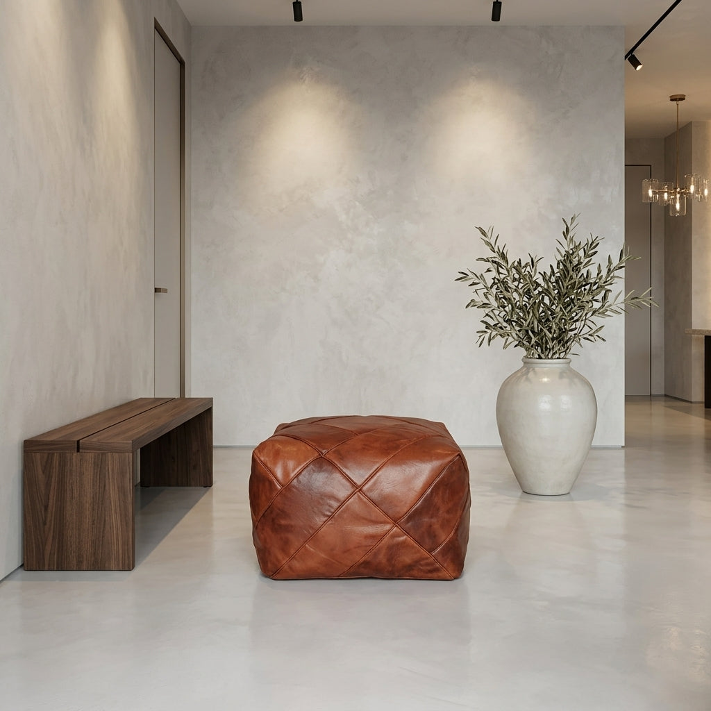 Handmade tan leather pouf ottoman 60 × 60 × 36 cm by Chabichi – image 4