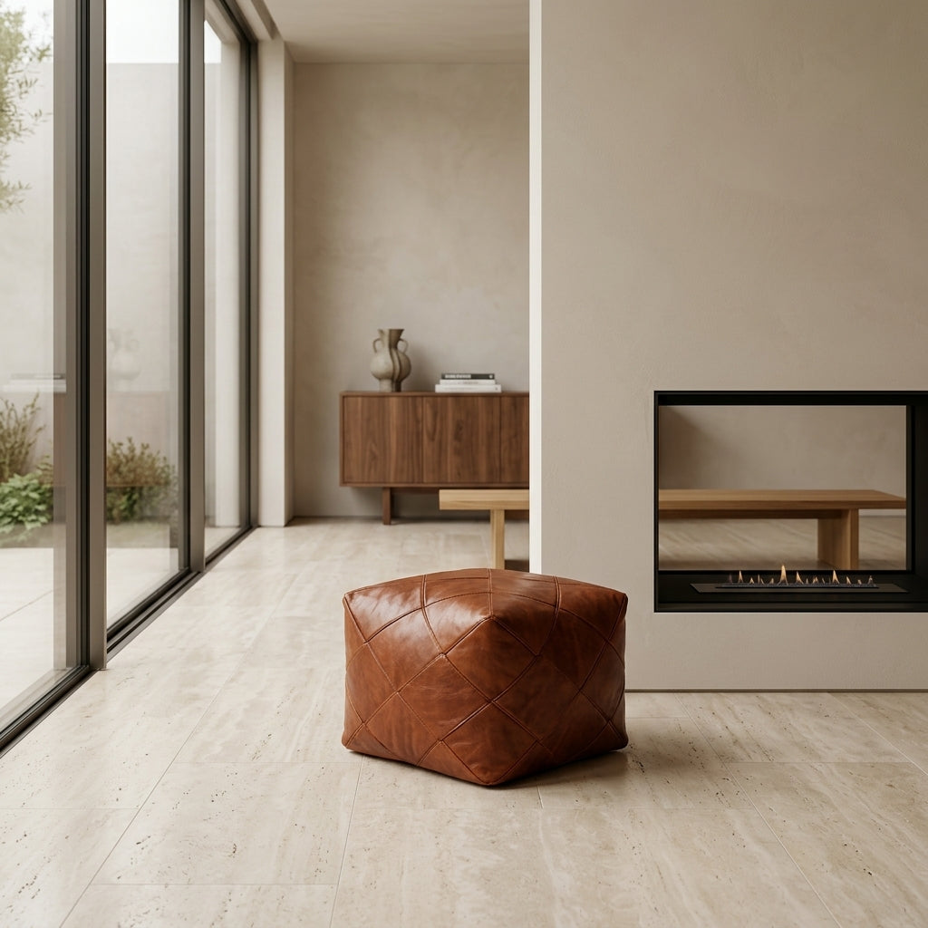Handmade tan leather pouf ottoman 60 × 60 × 36 cm by Chabichi – image 2