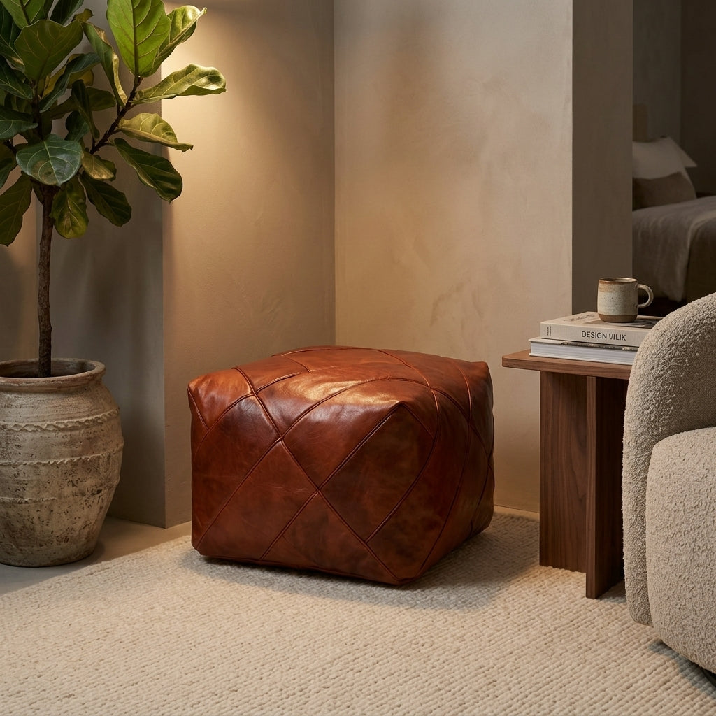 Handmade tan leather pouf ottoman 60 × 60 × 36 cm by Chabichi – image 5