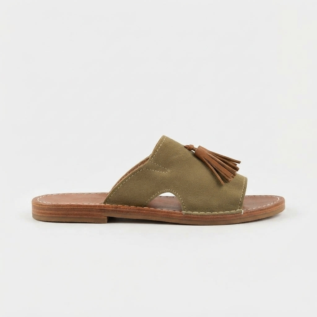 Handcrafted Moroccan Leather Slides, Olive Green Suede Tassel Mules EU 37-42, Authentic Artisanal Summer Sandals, Boho Flat Slip-On Shoes