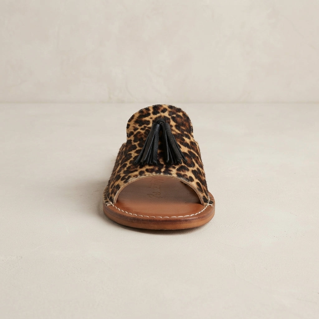 Leopard Calf Hair Tasseled Slide Sandals — Handmade Moroccan Leather