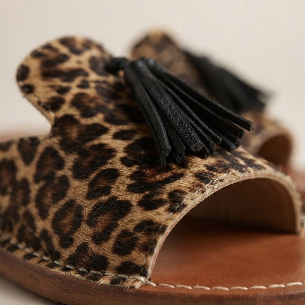Leopard Calf Hair Tasseled Slide Sandals — Handmade Moroccan Leather