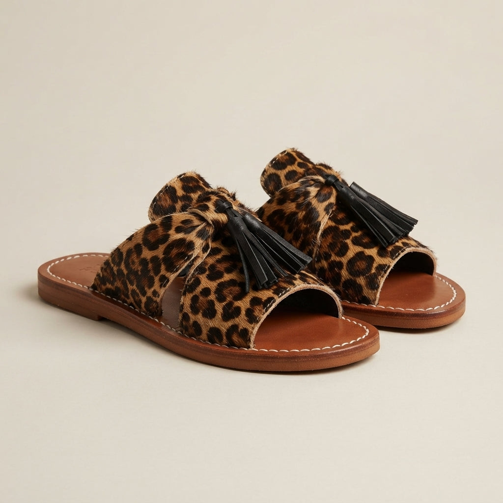 Leopard Calf Hair Tasseled Slide Sandals — Handmade Moroccan Leather
