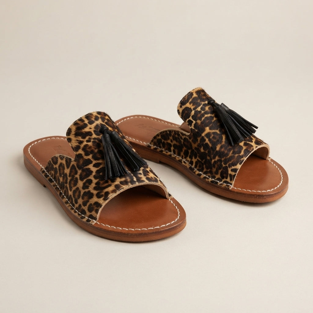 Leopard Calf Hair Tasseled Slide Sandals — Handmade Moroccan Leather