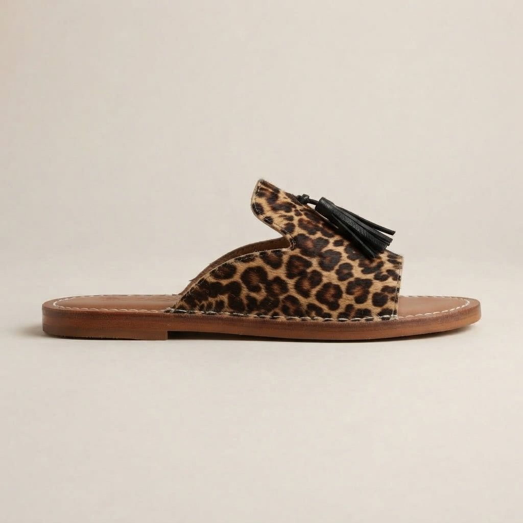 Leopard Calf Hair Tasseled Slide Sandals — Handmade Moroccan Leather
