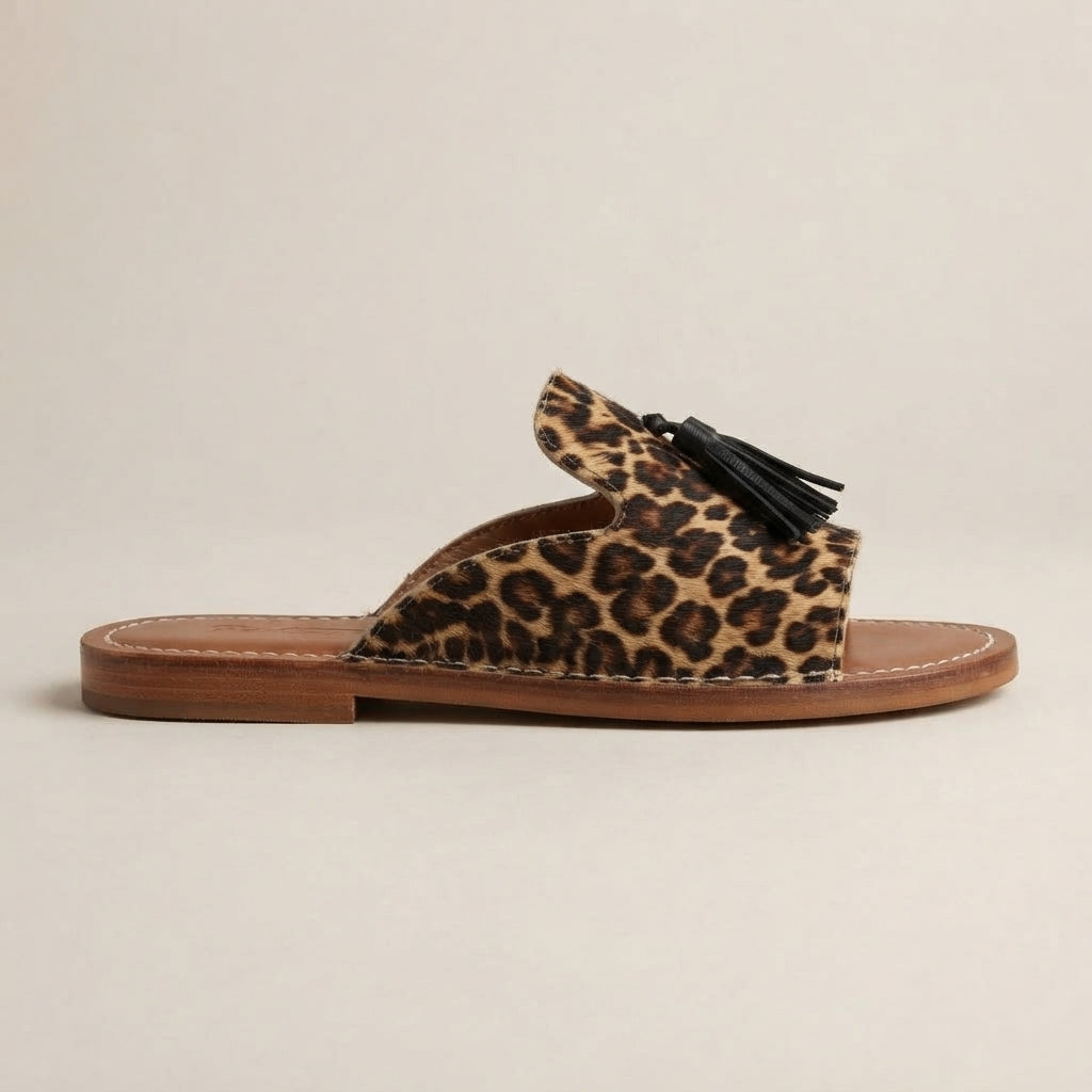 Leopard Calf Hair Tasseled Slide Sandals — Handmade Moroccan Leather