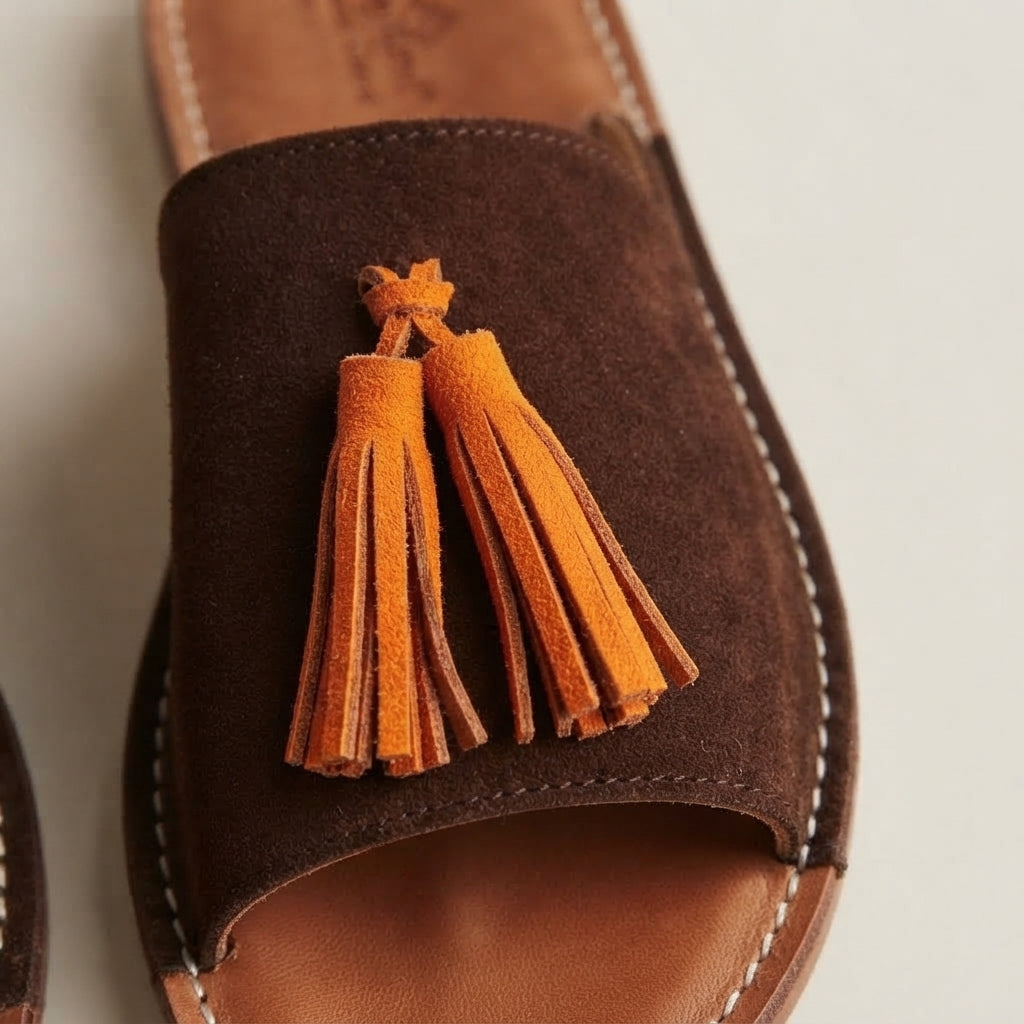 Handcrafted Moroccan Leather Slides, Genuine Suede Tassel Mules EU 37-42, Authentic Artisanal Summer Sandals, Boho Flat Slip-On Shoes