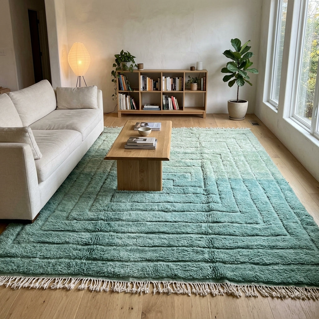 Extra-Large Moroccan Carved Wool Rug — Sage & Emerald, 415 × 315 cm