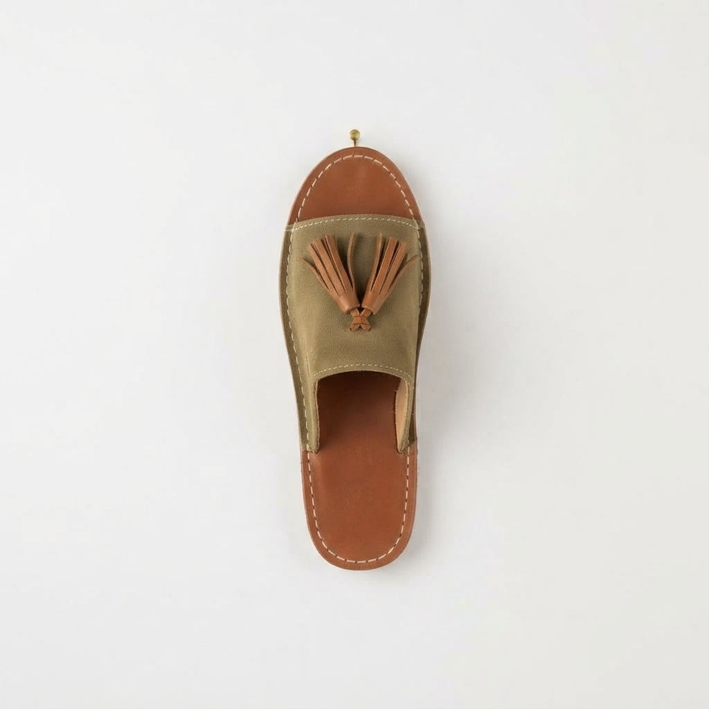Handcrafted Moroccan Leather Slides, Olive Green Suede Tassel Mules EU 37-42, Authentic Artisanal Summer Sandals, Boho Flat Slip-On Shoes